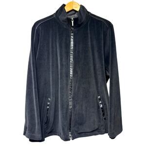 Charter Club Plus Size 2X Black Velvet Velour Jacket Sweater Full Zip Satin Trim